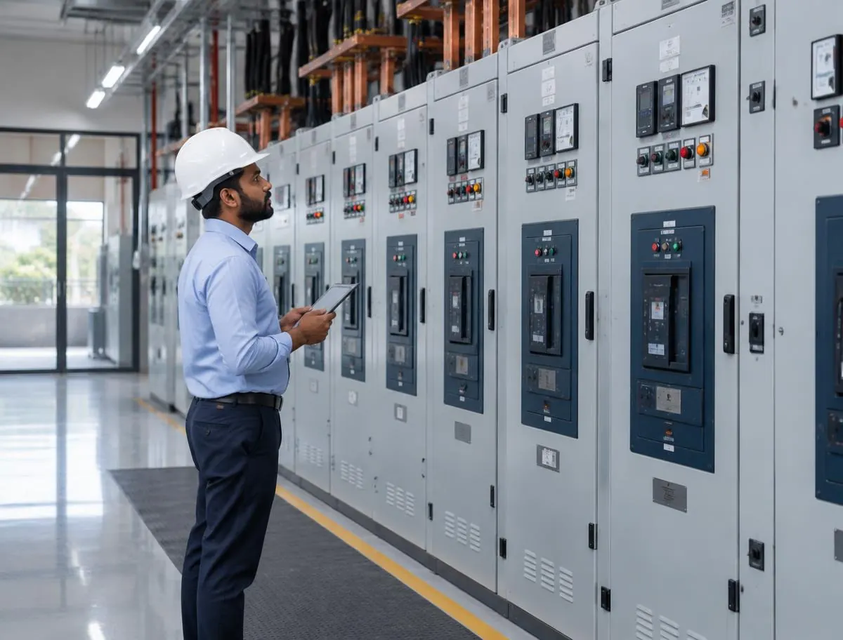 Row of low-voltage switchgear panels